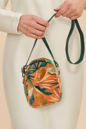 CrossBody Bag: Cotton Velvet Floral Print - Botany Bliss Taupe & Orange - Powder Designs