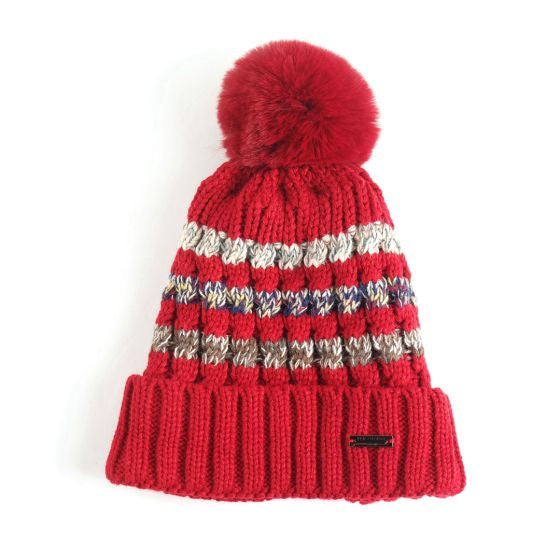 Knitted Hat: Striped Bobble - Red