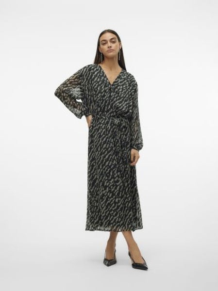 Long Dress : Animal Print V Neck Long Sleeve RIE - GREEN - Vero Moda