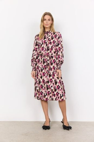Midi Dress: Lightweight Geometric Print NANNA - FUCHSIA PINK - Soya Concept