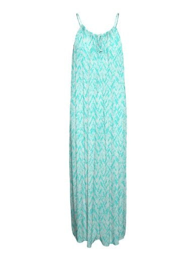 Long Dress: Lightweight Zig Zag Print Drawstring Neck Menny - Aqua Blue - Vero Moda