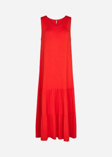 Long Dress: Lyocell Sleeveless V Neck Maxi Pleated Tiered Marica - Bright Orange - Soya Concept