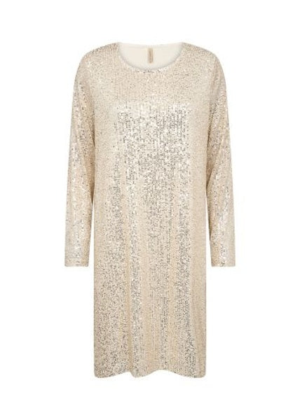 Short Dress: Metallic Sequins Round Neck Long Sleeve  NANETT - CREAM GOLD - Soya Concept