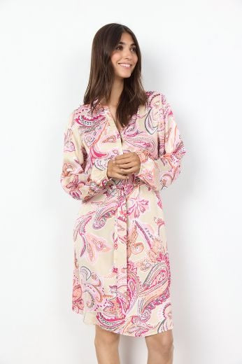 Short Dress: Silky Paisley Print Short Sleeve DORINA - PINK - Soya Concept