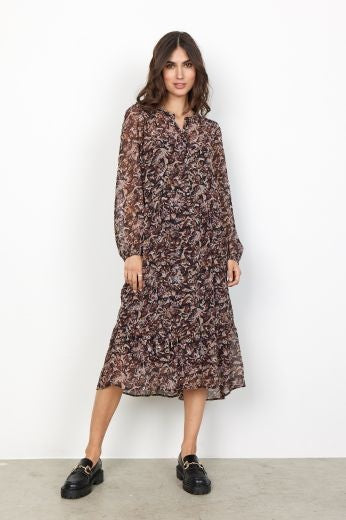 Long Dress: Chiffon Butterfly Print Long Sleeve Hedda - Wine Red - Soya Concept