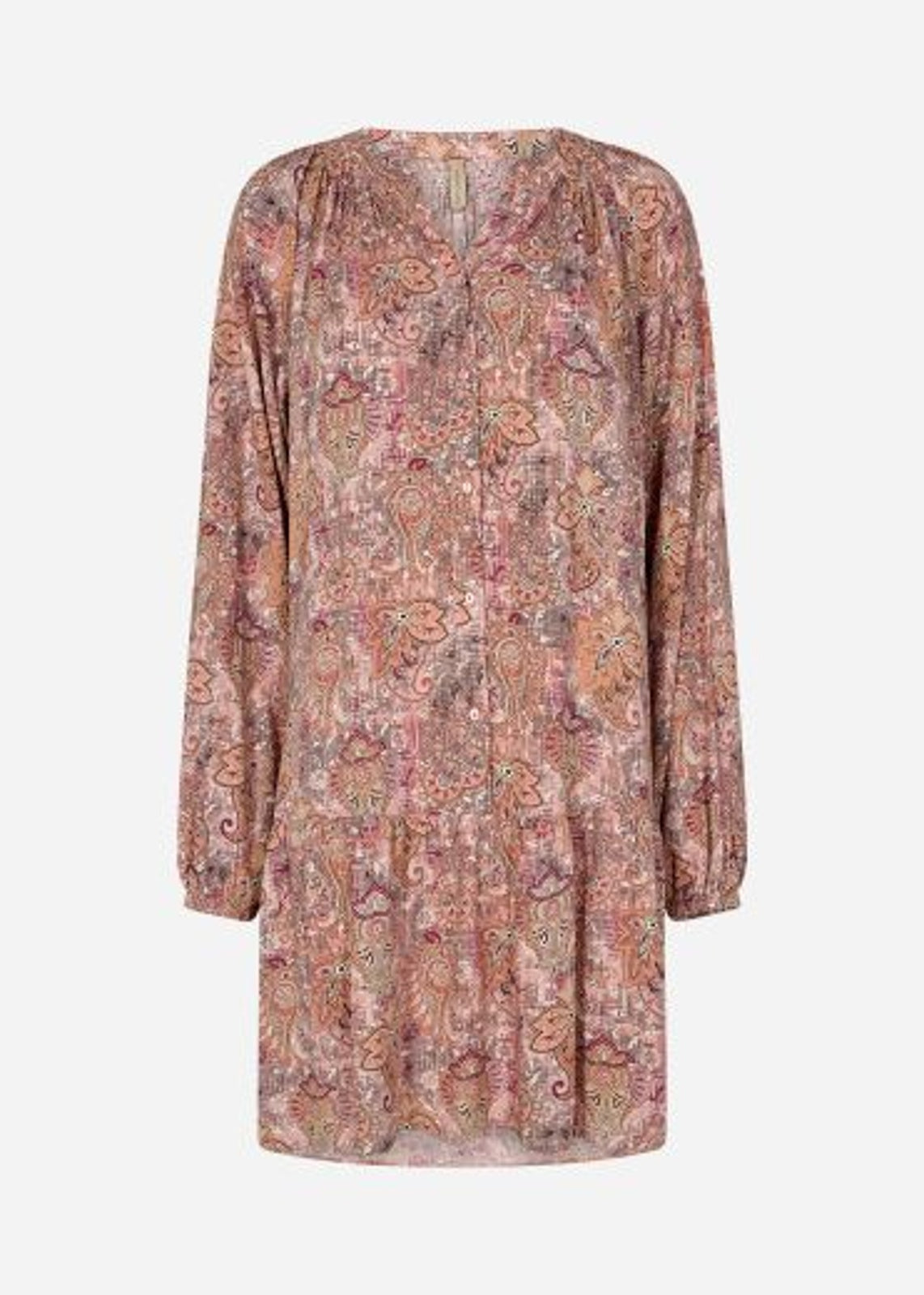 Short Dress: Viscose Collarless V Neck Floral Long Sleeve Jana - Rose Pink - Soya Concept