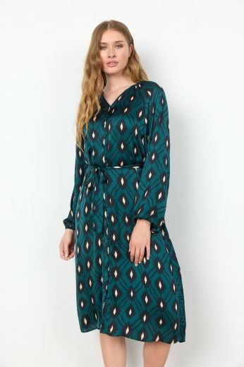 Short Dress: Viscose V Neck Shirt Style Long Sleeve Diamond Print TAMMI - GREEN - Soya Concept