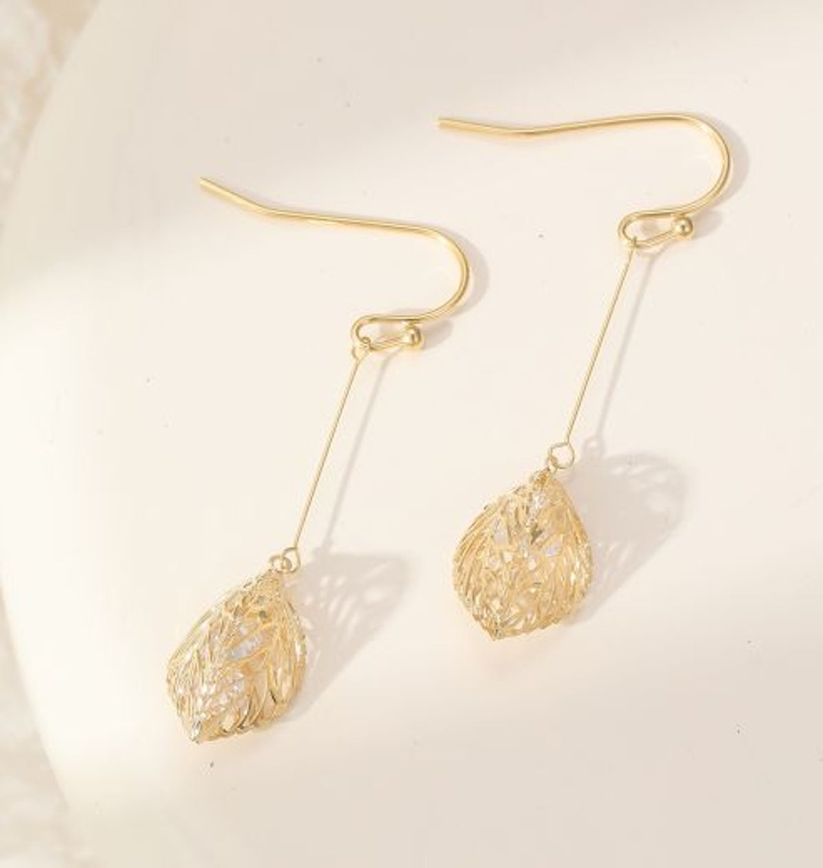 Earrings: Drop Hook Filigree Leaf Crystal -Gold