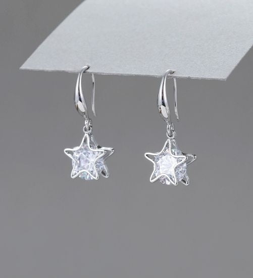 Earrings: Drop Hook Star Crystal Simple - Silver