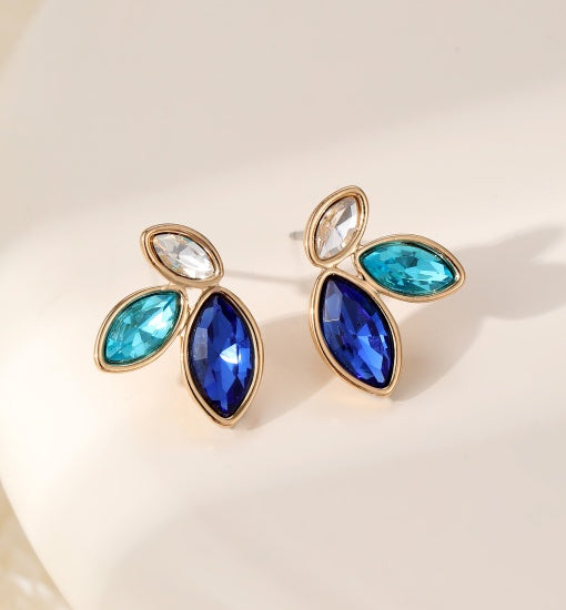 Earrings: Stud Leaf Cluster - Gold Blue Shades - Gracee Jewellery