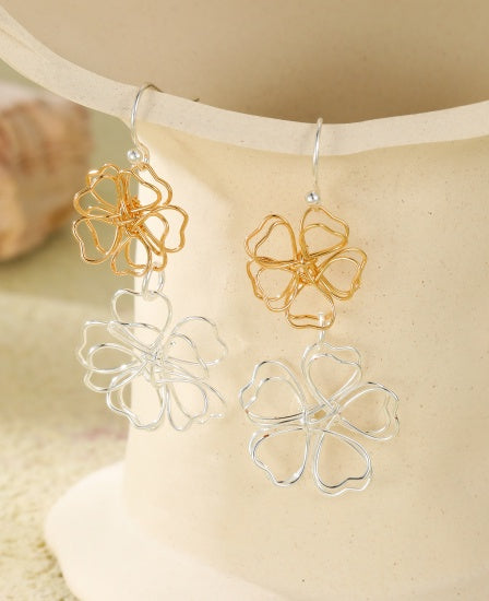 Earrings: Drop Hook Double Wire Flowers - Silver & Gold - Gracee