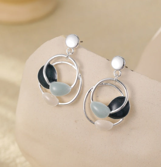 Earrings: Drop Stud Double Circles with Pebbles - Silver