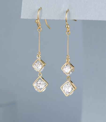 Earrings: Drop Hook Crystal Diamonds - Gold