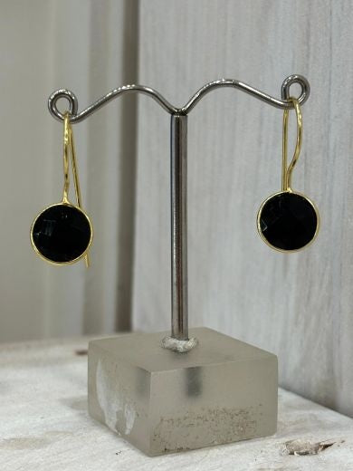 Earrings: Drop Hook Round Cut Glass - Black - Gold Plated - Antique Rose