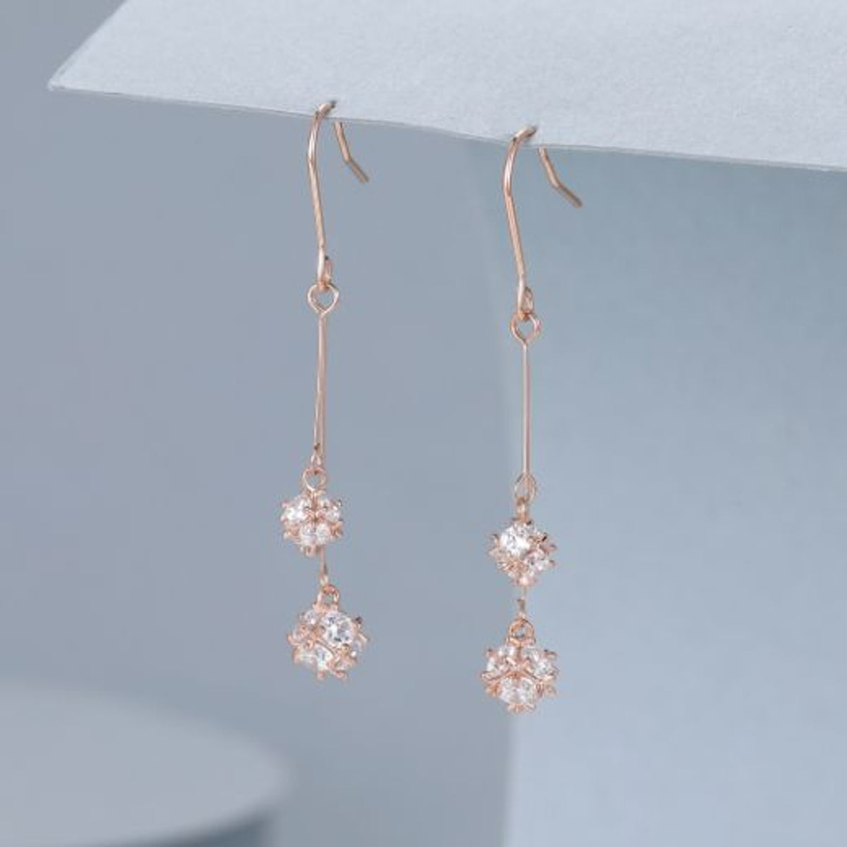 Earrings: Drop Stud Double Crystal Drop - Rose Gold