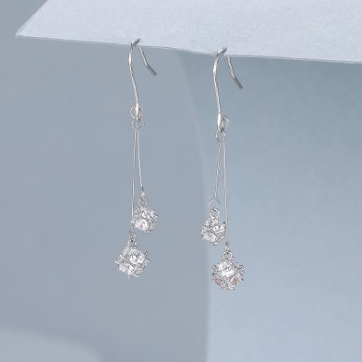 Earrings: Drop Stud Double Crystal Drop - Silver