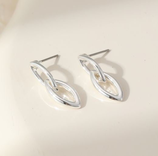Earrings: Drop Stud Linked Tear Drops - Silver