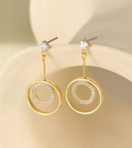 Earrings: Drop Stud Open Circles Crystals - Gold - Gracee Jewellery