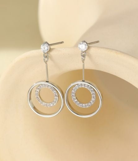 Earrings: Drop Stud Open Circles Crystals - Silver - Gracee Jewellery