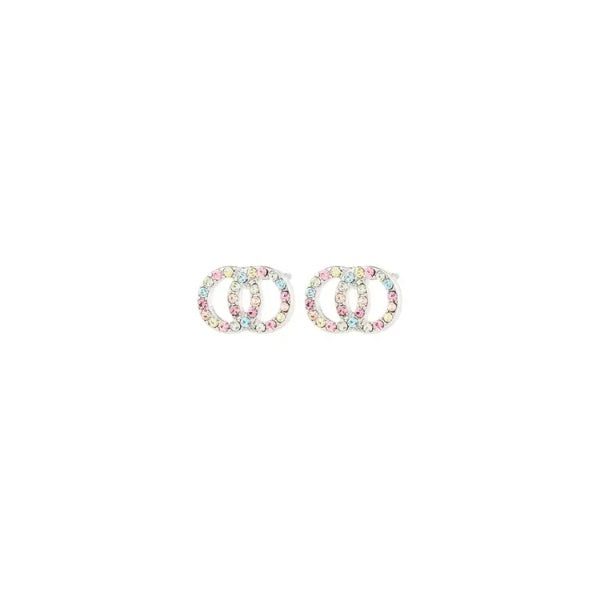 Earrings: Stud Double Circles Multi Colour Crystal JOLINA - Silver Plated  PILGRIM