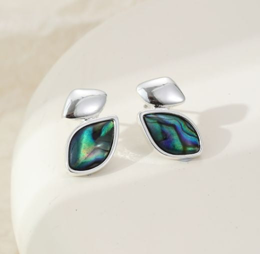 Earrings: Stud Leaves  - Silver Green Abalone Shell - Gracee Jewellery