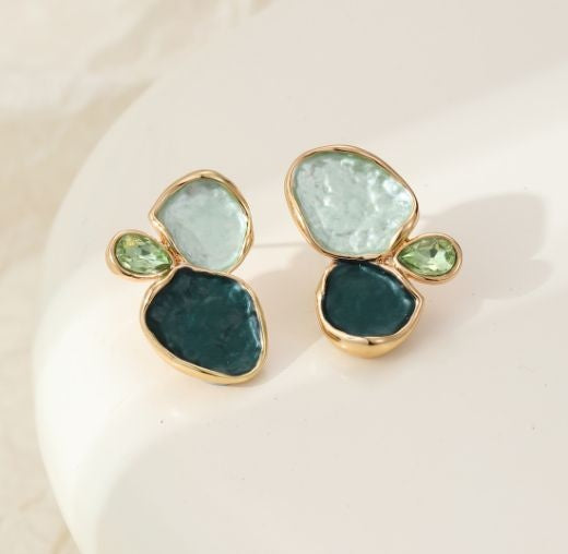Earrings: Stud Organic Circles Cluster - Gold Green Shades - Gracee Jewellery