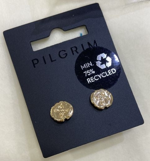 Earrings: Stud Pebble Engraved Circle - Gold Plated - Pilgrim