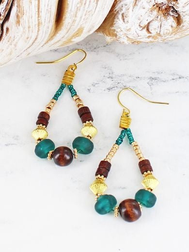 Earrings: Wood Beaded Metallic Teardrop - GOLD TEAL & BROWN  Suzie Blue