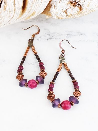 Earrings: Wood Beaded Teardrop - PINK & PURPLE  Suzie Blue