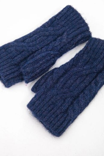 Fingerless Gloves: Knitted Cable Plain - Navy Blue - SARTA