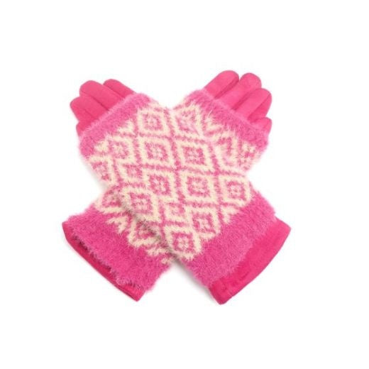 Fingerless Gloves: Knitted Geo Pattern - FUCHSIA PINK