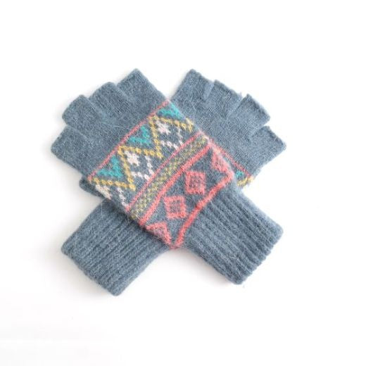 Fingerless Gloves: Knitted Multicolour Pattern - Denim Blue