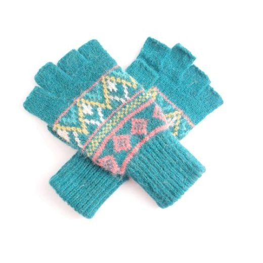 Fingerless Gloves: Knitted Multicolour Pattern - Turquoise Blue