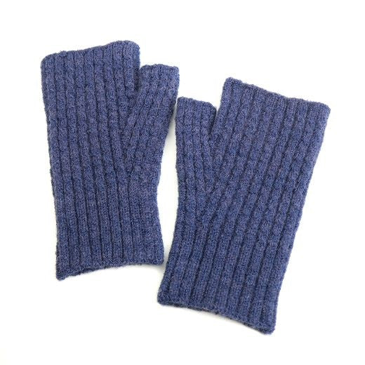 Fingerless Gloves: Knitted Recycled Yarn CABLE KNIT - DENIM BLUE - POM