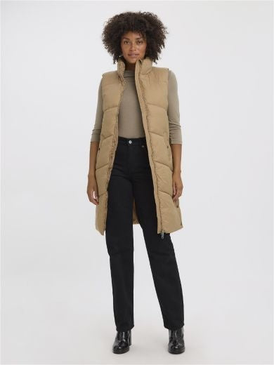 Gilet: Quilted Padded Sleeveless Puffer 3/4 Length UPPSALA - Light Tan - Vero Moda
