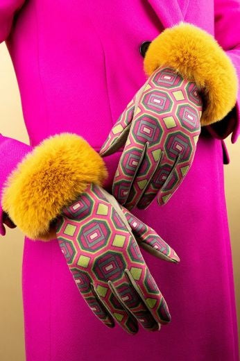 Gloves: Faux Suede & Fur Pattern Retro Mosaic - Mustard Yellow & Pink - Powder Designs