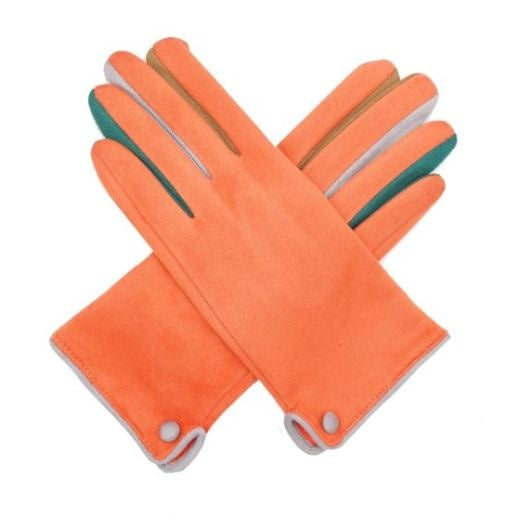 Gloves: Faux Suede Multicolour Buttons & Fingers - ORANGE