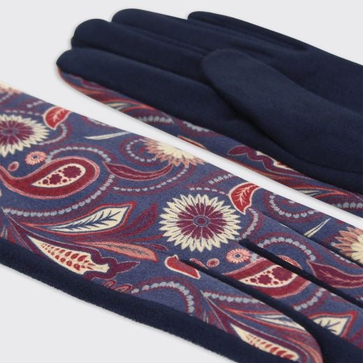 Gloves: Faux Suede Paisley Pattern Chloe - Blue Burgundy - Millie Mae
