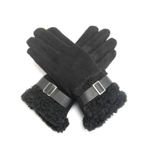 Gloves: Faux Suede Shearling Effect - Black
