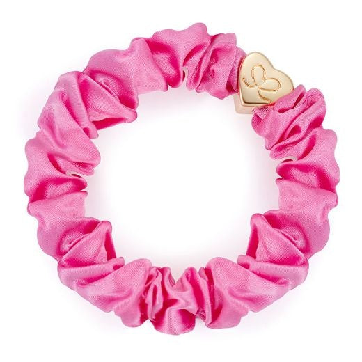 Hairband Bracelet: Silk Scrunchie Gold Heart - Bright Pink - By Eloise