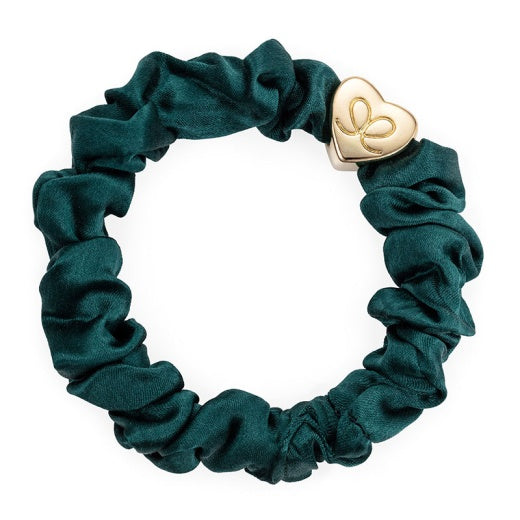 Hairband Bracelet: Silk Scrunchie Gold Heart - Dark Green - By Eloise