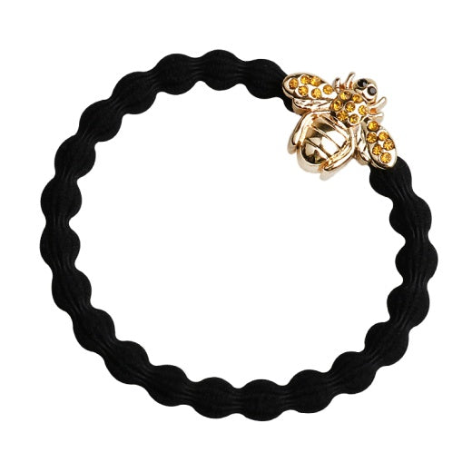 Hairband Bracelet: Stretch Bubble Elastic with Gold Diamante Bee - Black - By Eloise