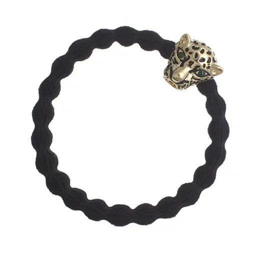 Hairband Bracelet: Stretch Bubble Elastic with Gold Diamante Jaguar - Black - By Eloise