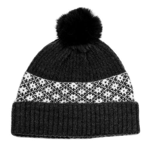 Hat: Knitted POM POM SCANDI FLORAL - BLACK - POM