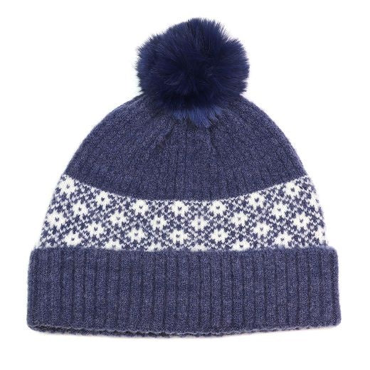 Hat: Knitted POM POM SCANDI FLORAL - DARK DENIM BLUE - POM