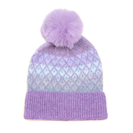 Hat: Knitted Recycled Yarn POM POM Diamond Check - Lilac Mix - POM