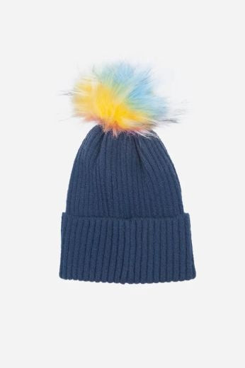 Hat: Knitted Removable Faux Fur Rainbow Pom Pom - Navy - SARTA
