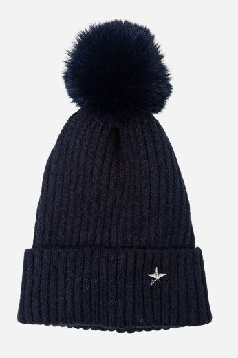 Hat: Knitted Ribbed Silver Star Pom Pom - Navy Blue - SARTA
