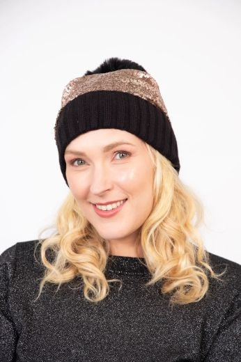 Hat: Knitted Sequins Pom Pom - Bronze & Black - SARTA
