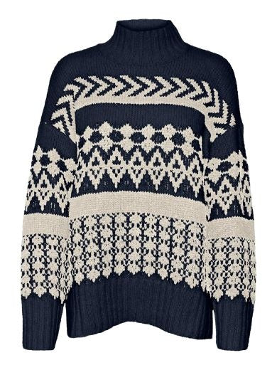 Jumper: Chunky Knit High Neck Pattern Stripe AMPLE - Navy & Cream - Vero Moda